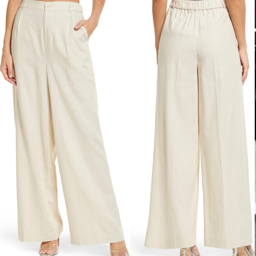 Open Edit (Nordstrom) Wide Leg Linen Blend Pants in Beige Oatmeal